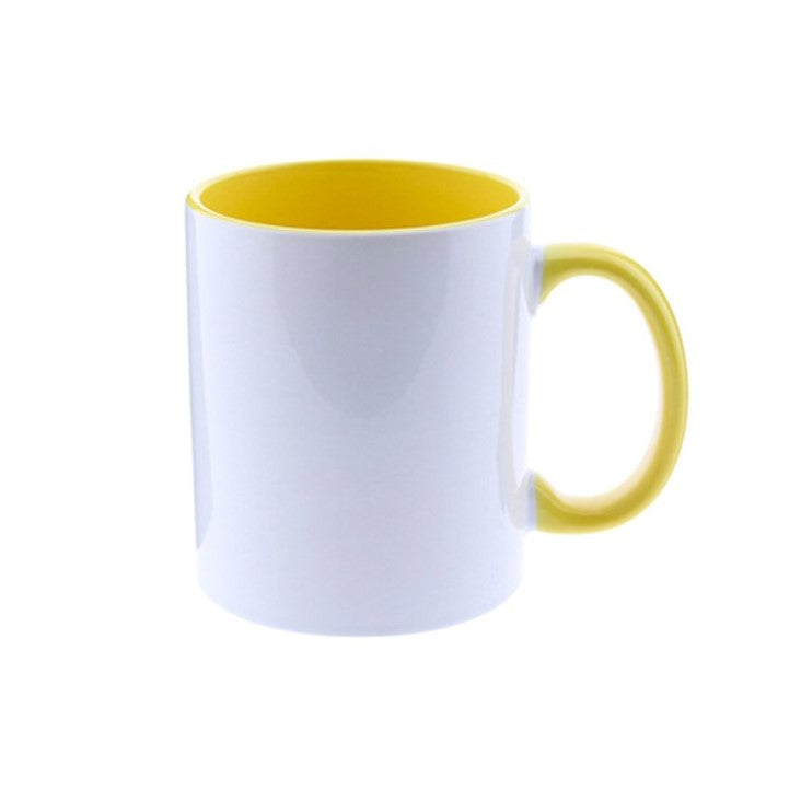 TAZA DE CERAMICA 11 OZ CON COLOR INTERNO Y ASA AMARILLA