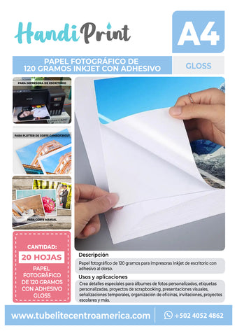 HOJAS A4 DE PAPEL FOTOGRAFICO COLOR BLANCO BRILLANTE CON ADHESIVO  (PAQUETE DE 20 UNIDADES)