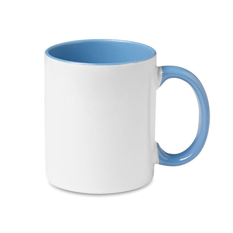 TAZA DE CERAMICA 11OZ CON COLOR INTERNO Y ASA AZUL CLARO