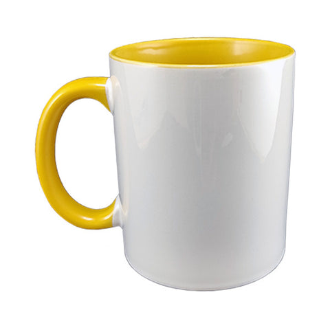 POCILLO BLANCO 11OZ CON INTERIOR  Y AZA AMARILLO, CON CAJA BLANCA